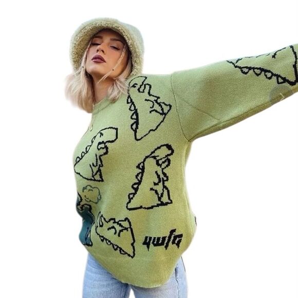 Aelfric Eden Green Dinosaur Cartoon Print Knit Sweater Women's Long Sleeves XL - Picture 1 of 13